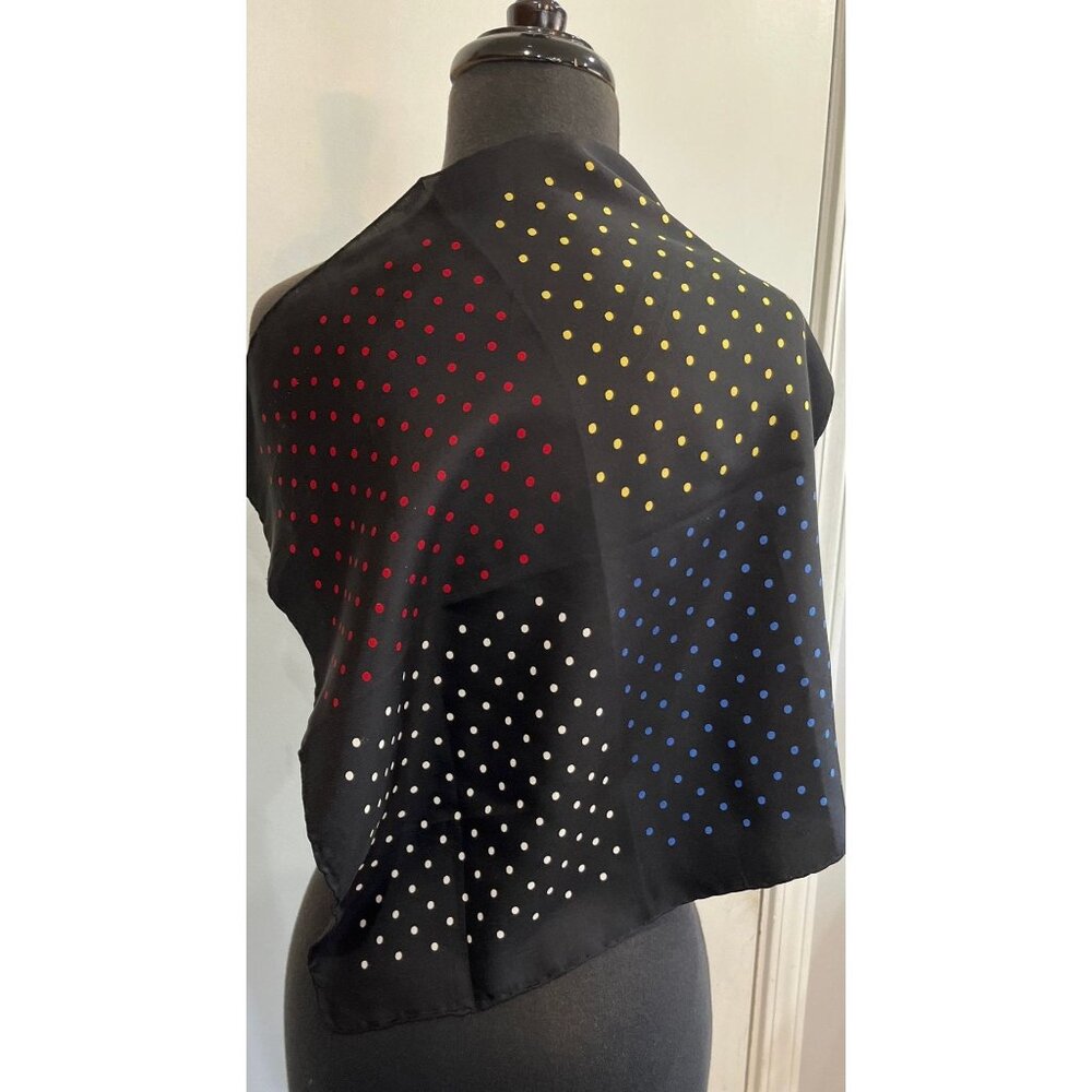 Vtg 1960’s Pocket Square Scarf Black Polka Dotted Red Yellow Blue White All Silk